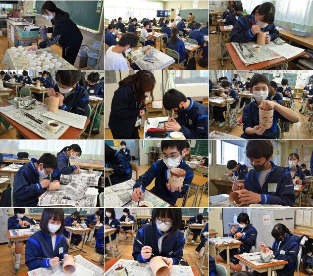 益子焼き絵付けの様子